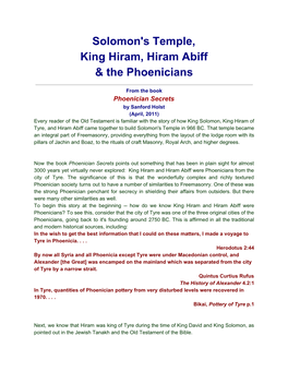 Solomon's Temple, King Hiram, Hiram Abiff & the Phoenicians