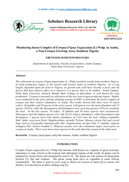 Monitoring Insect Complex of Cowpea ( Vigna Unguiculata (L) Walp in Asaba, a Non-Cowpea Growing Area, Southern Nigeria