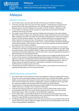 Malaysia Coronavirus Disease 2019 (COVID-19) Situation Report Weekly Report for the Week Ending 21 March 2021