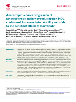 Anacetrapib Reduces Progression of Atherosclerosis, Mainly by Reducing Non-HDL- Cholesterol, Improves Lesion Stability and Adds