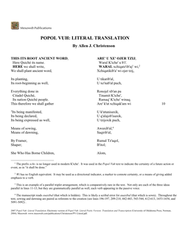 POPOL VUH: LITERAL TRANSLATION by Allen J