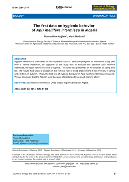 The First Data on Hygienic Behavior of Apis Mellifera Intermissa in Algeria