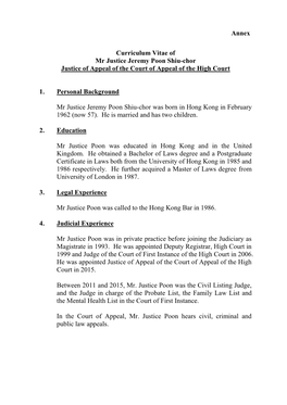 Curriculum Vitae of Mr Justice Jeremy Poon Shiu-Chor Justice of Appeal of the Court of Appeal of the High Court 1. Personal