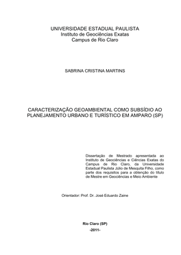 Caracterização Geoambiental Como Subsídio Ao Planejamento Urbano E Turístico Em Amparo (Sp)