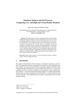 Simulator Sickness and Felt Presence: Comparing Low- and High-End Virtual Reality Headsets