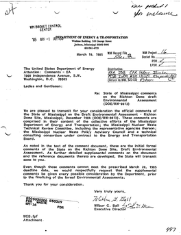 Transmittal of Official Comments of the State of Mississippi on the Draft Environmental Assessment