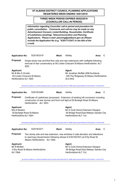 St Albans District Council Planning Applications Registered Week Ending 18/01/2019 Three Week Period Expires 08/02/2019