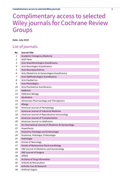 Complimentary Access to Selected Wiley Journals for Cochrane Review Groups