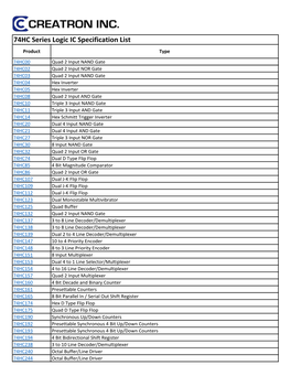 74HC Series Logic IC Specification List Product Type