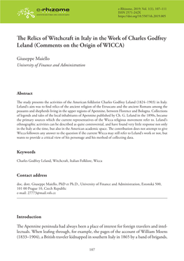 The Relics of Witchcraft in Italy in the Work of Charles Godfrey Leland (Comments on the Origin of WICCA)