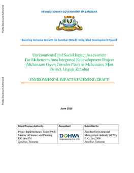 Environmental and Social Impact Assessment for Michenzani Area Integrated Redevelopment Project (Michenzani Green Corridor Plan), in Michenzani, Mjini