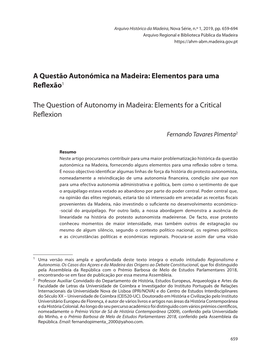 A Questão Autonómica Na Madeira: Elementos Para Uma Reflexão1