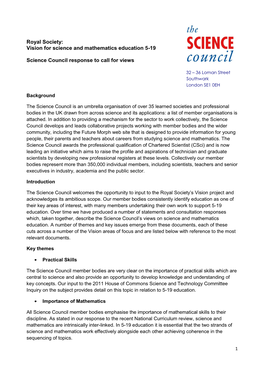 Royal Society: Vision for Science and Mathematics Education 5-19 Science Council Response to Call for Views