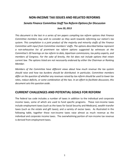 NON-INCOME TAX ISSUES and RELATED REFORMS Senate Finance Committee Staff Tax Reform Options for Discussion June 20, 2013
