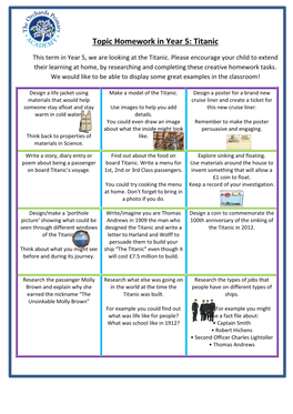 Topic Homework in Year 5: Titanic