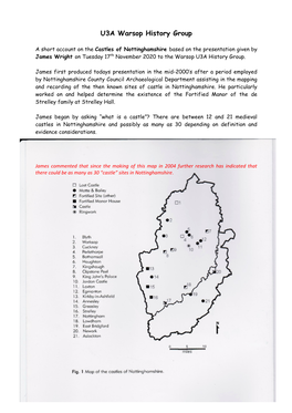 Castles of Nottinghamshire Based on the Presentation Given by James Wright on Tuesday 17 Th November 2020 to the Warsop U3A History Group