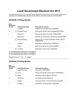 Polling Booths for the Purposes of the 2008 Bundaberg Regional Council Election to Be Held on Saturday 15 March 2008