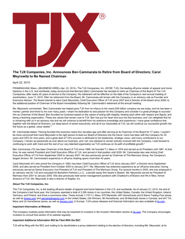 The TJX Companies, Inc. Announces Ben Cammarata to Retire from Board of Directors; Carol Meyrowitz to Be Named Chairman