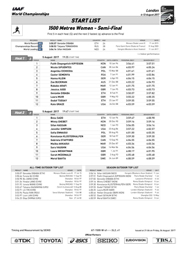 START LIST 1500 Metres Women - Semi-Final First 5 in Each Heat (Q) and the Next 2 Fastest (Q) Advance to the Final