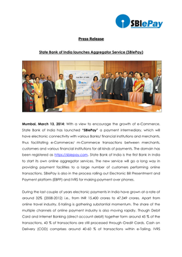 Press Release State Bank of India Launches Aggregator Service (Sbiepay)