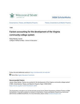 Factors Accounting for the Development of the Virginia Community College System