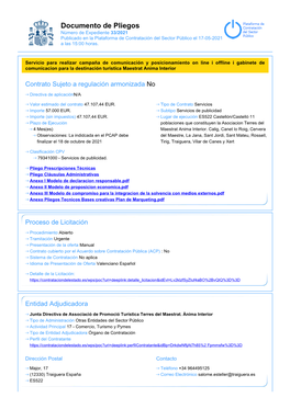 Documento De Pliegos Número De Expediente 33/2021 Publicado En La Plataforma De Contratación Del Sector Público El 17-05-2021 a Las 15:00 Horas