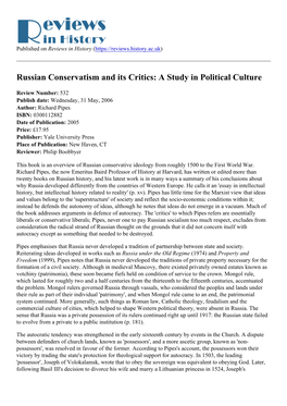 Russian Conservatism and Its Critics: a Study in Political Culture