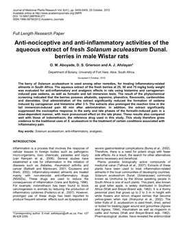 Anti-Nociceptive and Anti-Inflammatory Activities of the Aqueous Extract of Fresh Solanum Aculeastrum Dunal