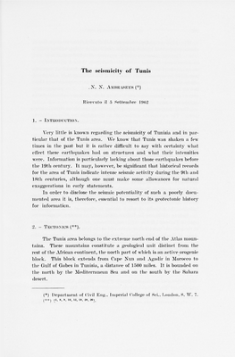 The Seismicity of Tunis Very Little Is Known Regarding Tlie Seisniicity Of