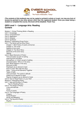 GED Level 1 – Language Arts: Reading Content
