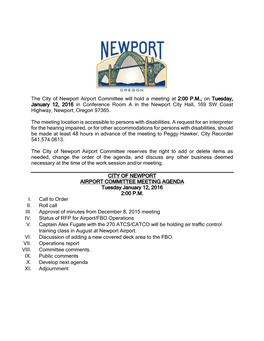 The City of Newport Airport Committee Will Hold a Meeting at 2:00 P.M., on Tuesday, January 12, 2016 in Conference Room a In