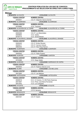 Málaga MUNICIPIO: ALCAUCÍN LOCALIDAD: ALCAUCÍN CÓDIGO CENTRO NOMBRE CENTRO 29009041 C.E.I.P