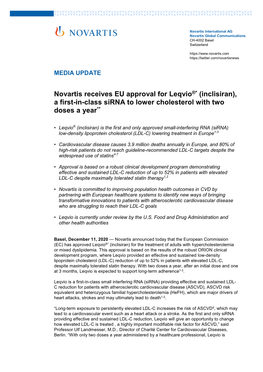 Novartis Receives EU Approval for Leqvio®* (Inclisiran), a First-In-Class Sirna to Lower Cholesterol with Two Doses a Year**