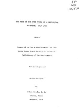 The Rise of the Nazi Party As a Rhetorical Movement: 1919