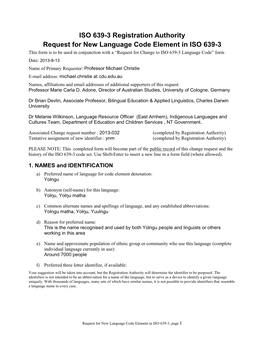 ISO 639-3 Registration Authority Request for New Language Code Element in ISO 639-3