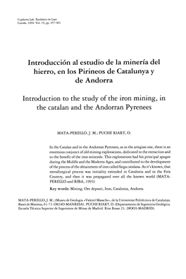 Introducción Al Estudio De La Minería Del Hierro, En Los Pirineos De Catalunya Y De Andorra