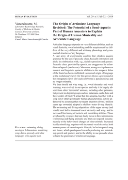 Vaneechoutte, M. the Origin of Articulate Language Revisited: the Potential of a Semi-Aquatic Past of Human Ancestors to Explain