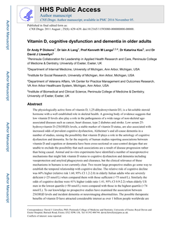 Vitamin D, Cognitive Dysfunction and Dementia in Older Adults