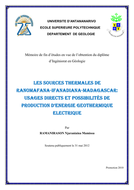 Madagascar:Madagascar: Usages Directs Et Possibilités De Production D’Energie Geothermique