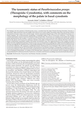 The Taxonomic Status of Parathrinaxodon Proops (Therapsida: Cynodontia), with Comments on the Morphology of the Palate in Basal Cynodonts