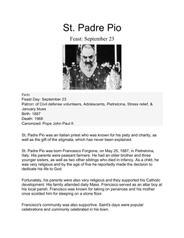 St. Padre Pio Feast: September 23