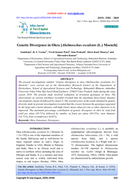 Genetic Divergence in Okra [Abelmoschus Esculents (L.) Moench]