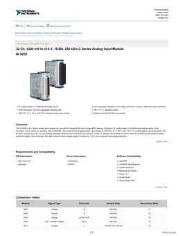 32 Ch, ±200 Mv to ±10 V, 16-Bit, 250 Ks/S C Series Analog Input Module NI 9205