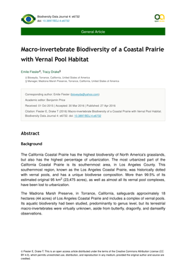 Macro-Invertebrate Biodiversity of a Coastal Prairie with Vernal Pool Habitat