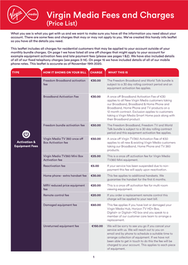 Virgin Media Fees and Charges (Price List)