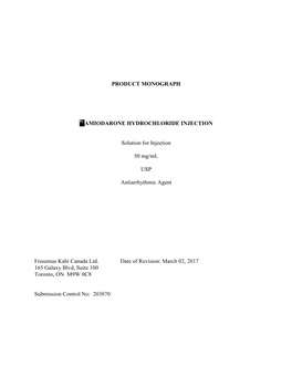 Amiodarone Hydrochloride for Injection Product Monograph, Control Number: 198348