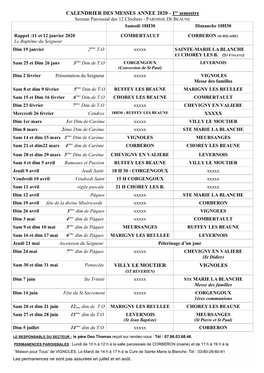 CALENDRIER DES MESSES ANNEE 2020 - 1Er Semestre Secteur Paroissial Des 12 Clochers - PAROISSE DE BEAUNE Samedi 18H30 Dimanche 10H30