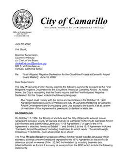 Letter from City of Camarillo to Ventura County Board of Supervisors