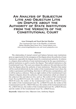 An Analysis of Subjectum Litis and Objectum Litis on Dispute About the Authority of State Institution from the Verdicts of the Constitutional Court