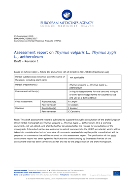 Assessment Report on Thymus Vulgaris L., Thymus Zygis L., Aetheroleum Draft – Revision 1